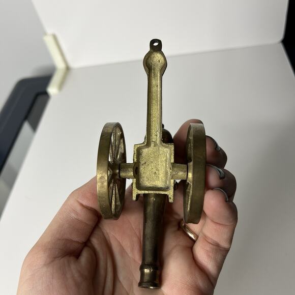Vintage Miniature Brass Cannon Swivels Up & Down Rolling Wheels Flat ~5 Inches - Picture 8 of 11